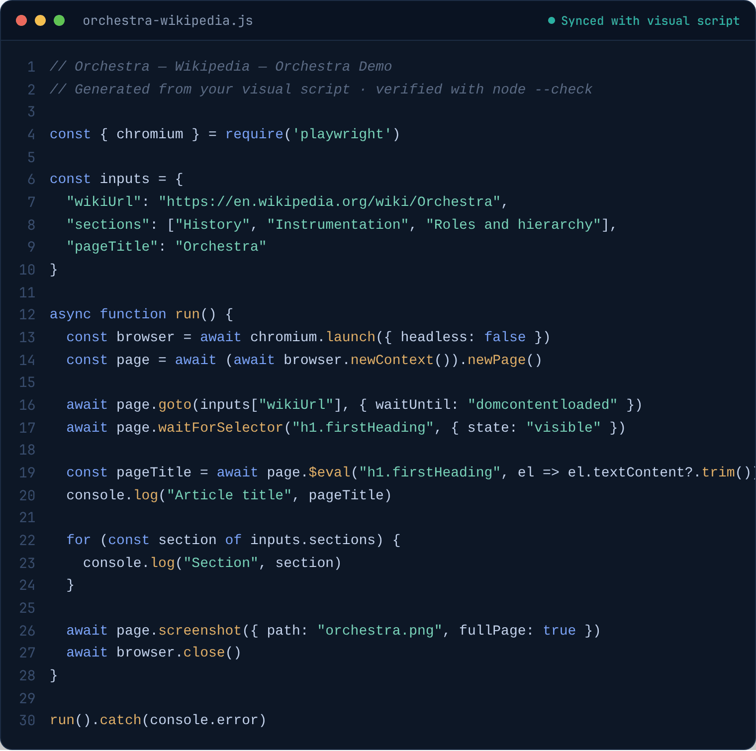 The Playwright code generated from a visual flow: inputs, navigation, assertions, extraction and screenshots — valid standalone Node.js.