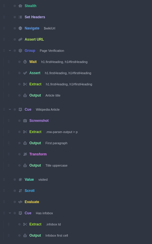 A flow with two Cue blocks — “Wikipedia Article” and “Has infobox” — each wrapping their own steps.