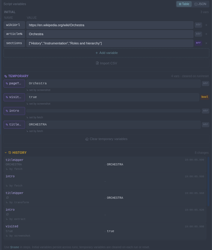 The variables tab